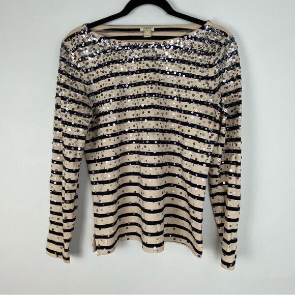 J Crew Cream & Black Striped Sequined Top Coastal  Grandma Nautical Preppy Small - Picture 1 of 12